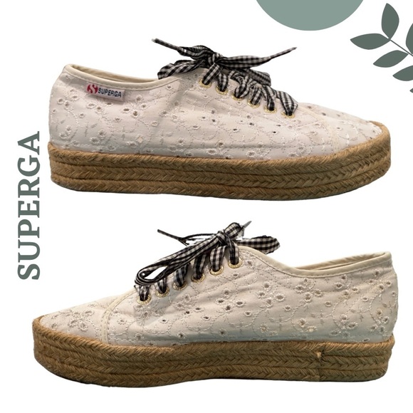 Superga White Eyelet Espadrille Platform Sneakers | Gingham Laces | Size 10 - Picture 2 of 9